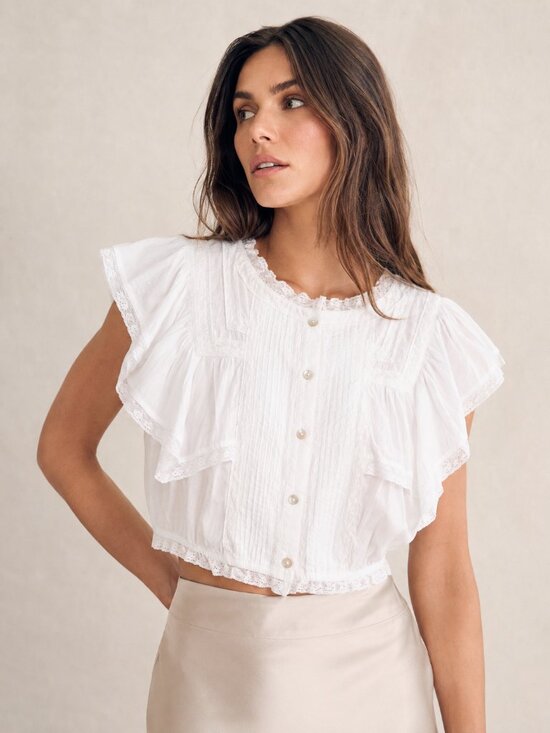 LoveShackFancy Tops - LOVESHACKFANCY Nora  100% Cotton Voile Ruffle Flutter Sleeve Lace Trim Blouse